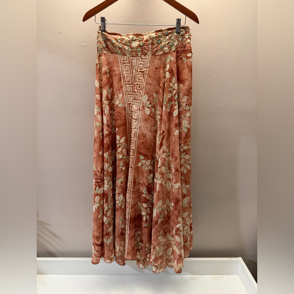 Made in Italy Boho Floral Maxi Skirt  Turquoise‎ Beaded Terracotta L/XL